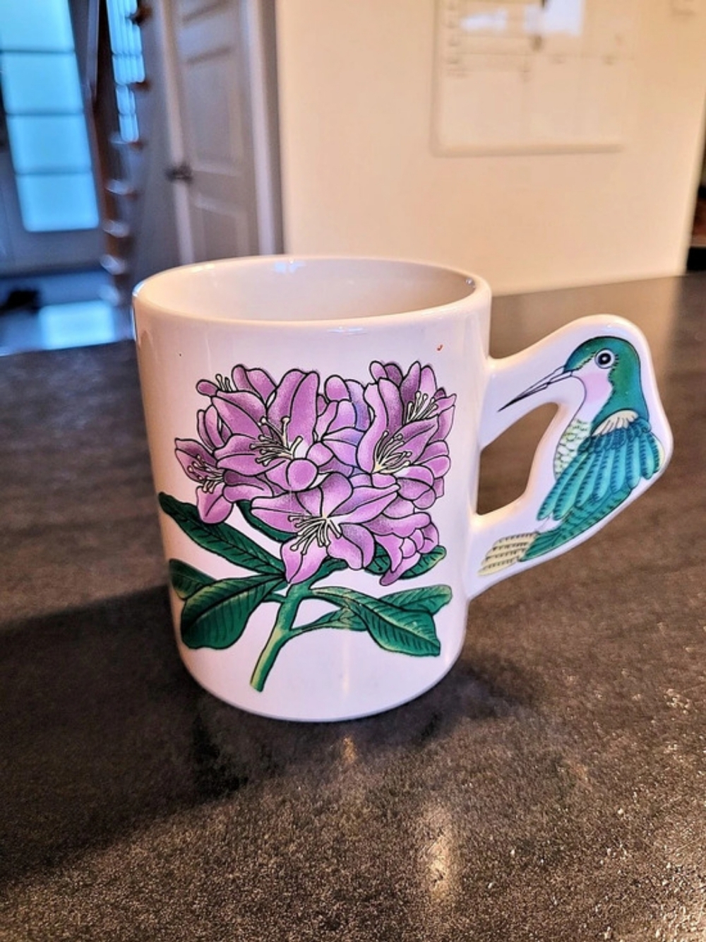 Vintage Hummingbird Handle Mug Floral Purple Rhododendron Ceramic *Collectible*
